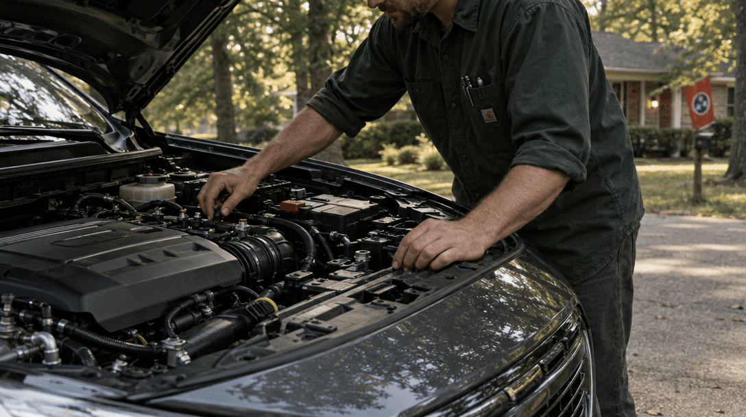 A mechanic carefully inspecting a vehicle’s open engine bay